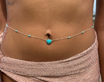 Crush Turquoise Heart Belly Chain, Tiny Heart Belly Chain , Gold Belly Chain, Turquoise Waist Chain, Boho Jewelry, Heart Belly Chain