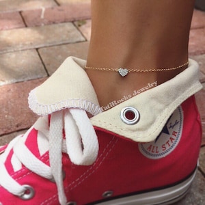 Forever Diamond Heart Anklet, Diamond Heart Anklet, Heart Anklet. Minimal Anklet, Boho Anklet, Valentine&#39;s Day Gift, Bride Jewelry