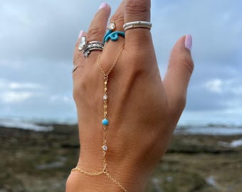 Coastline Turquoise CZ Hand Chain, Turquoise Finger Bracelet, CZ Hand Chain, Birthstone Bracelet