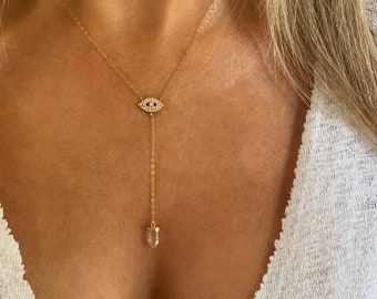 Chi Evil Eye Necklace, Evil Eye Necklace, Evil Eye Lariat, Gold Evil Eye Necklace, CZ Evil Eye Necklace, Protection Necklace