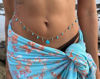 Coastal Turquoise Belly Chain, Flower Waist Chain, Gold belly Chain, Body Chain, CZ Belly Chain, Boho Body Jewelry