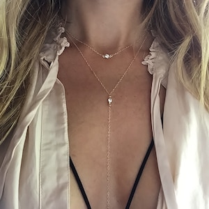 Walk This Way Lariat Necklace, Cubic Zirconia Necklace, Gold CZ Necklace, Layering Necklace