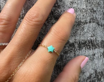 Destiny 14k Solid Gold Turquoise Star Ring, Turquoise Ring, Chain Ring, Stacking Ring, Minimal Jewelry