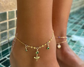 Nibbles Baby Shark Tooth Anklet, Emerald Anklet, Baby Shark Tooth, Shark Tooth, Beach Jewelry, CZ Anklet