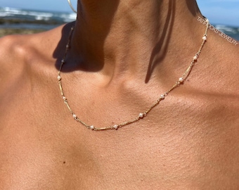Camille Pearl Bar Chain Necklace, Freshwater Pearl Stacking Necklace, Minimalist Pearl Jewelry, Moonstone Necklace