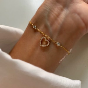 Ellie Heart Bracelet, Gold Heart Bracelet, Gold CZ Bracelet, Diamond Heart Bracelet, Girlfriend Gift