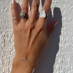 Loveable Diamond Heart Bracelet, Diamond Heart Hand Chain, Finger Bracelet, Real Gold Hand Chain, Heart Bracelet, Valentine&#39;s Day Gift
