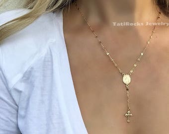 Simply Luminous Rosary Necklace, Cross Necklace, Gold Rosary, Rose Gold Rosary, Religious Necklace, Lariat Necklace