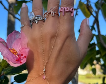 Baybe Pink Sapphire & Diamond 14K Gold Hand Chain, Pink Sapphire Finger Bracelet, Real Genuine Diamond Hand Chain, Birthstone Bracelet