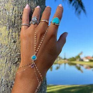 Enchanted Turquoise & Amethyst Hand Chain, Boho Hand Chain, Slave Bracelet, Gemstone Finger Bracelet, February December Birthstone Bracelet