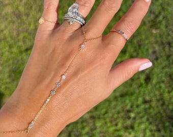 Roxy Gold CZ Finger Bracelet, Gold Hand Chain, Silver CZ Finger Bracelet, Gold Slave Bracelet, Solid Gold Bracelet
