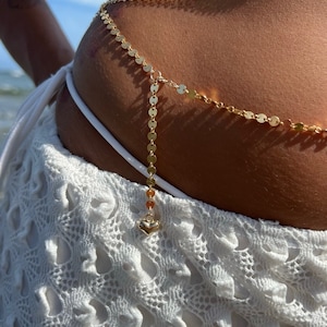 Sugar Drop Gold Heart Belly Chain, Heart Belly Chain, Gold Body Jewelry, Coin Disc Chain Waist Jewelry, Puffy Heart Necklace