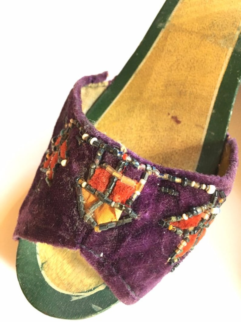 1940s Wooden Shoes Hand Carved 1940s WWII Philippines Tourist Souvenir Wooden WWII Hand Carved Wooden Tiki Shoes Beaded Velvet Mules