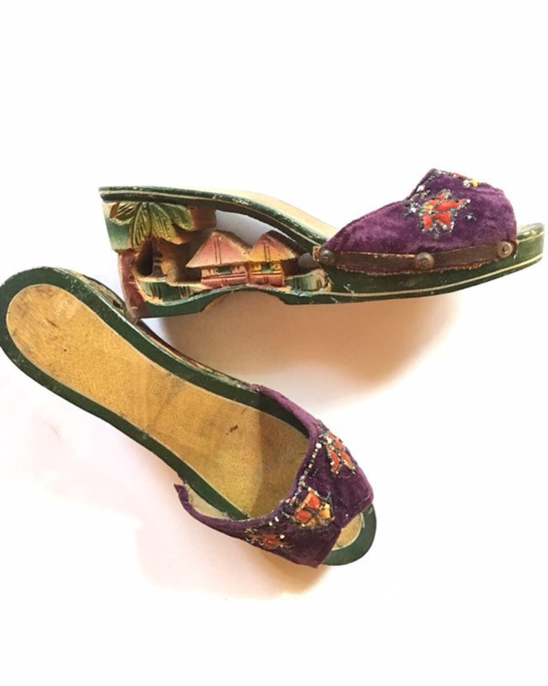 1940s Wooden Shoes Hand Carved 1940s WWII Philippines Tourist Souvenir Wooden WWII Hand Carved Wooden Tiki Shoes Beaded Velvet Mules