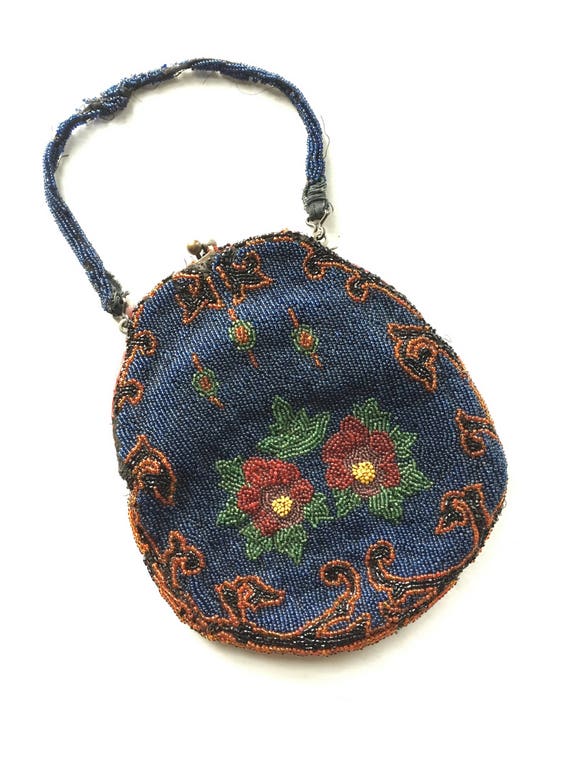 Antique Beaded Bag - Vintage Floral Beaded Bag - A
