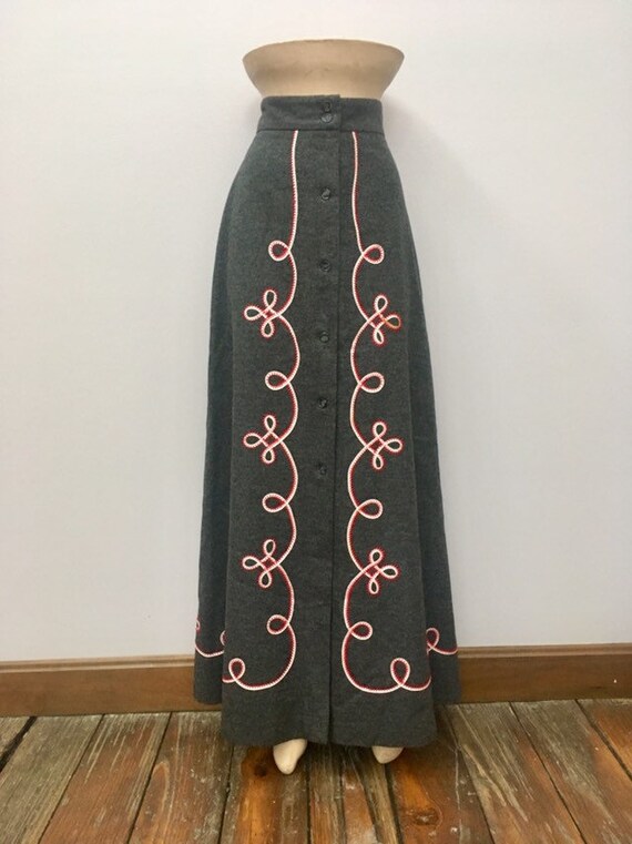 1970s Maxi Skirt, Gray Wool Soutache Button Front