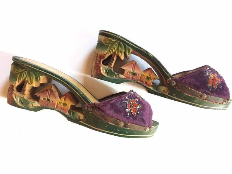 1940s Wooden Shoes Hand Carved 1940s WWII Philippines Tourist Souvenir Wooden WWII Hand Carved Wooden Tiki Shoes Beaded Velvet Mules