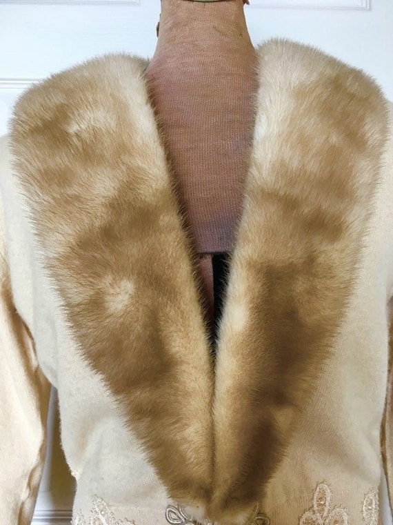 1950s Cashmere Cardigan with Fur Collar - 50s Mink