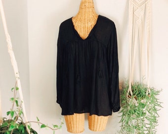Indian Black Rayon Tassels Bohemian Hippie Festival Blouse Tunic Top M Indian Black Rayon Tassels Bohemian Hippie Festival Blouse Tunic Top M