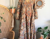 Indian Floral Print Cotton Bohemian Tiered Maxi Dress M