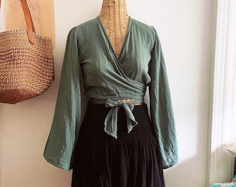 Luna Wrap Top Malachite Green Cotton Gauze Bell Sleeve Bohemian Blouse