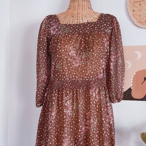 Vintage 70s Floral Brown Prairie Boho Midi Dress M L image 5