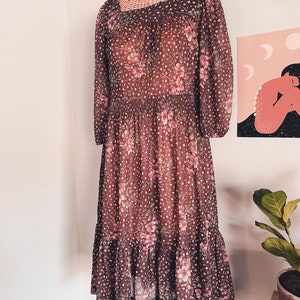 Vintage 70s Floral Brown Prairie Boho Midi Dress M L image 8