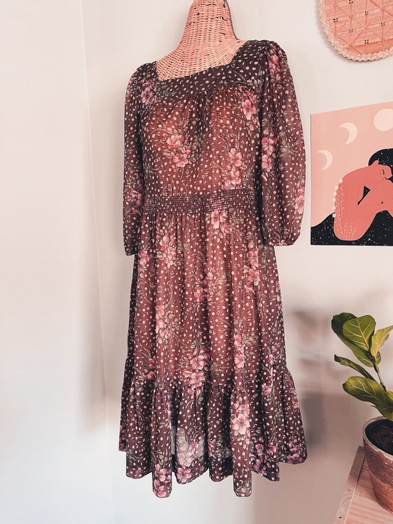 Vintage 70s Floral Brown Prairie Boho Midi Dress … - image 8