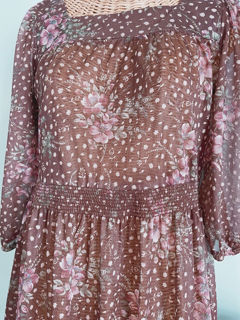 Vintage 70s Floral Brown Prairie Boho Midi Dress M L image 3