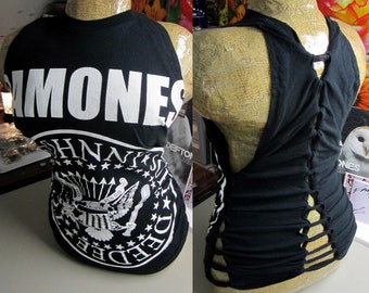 Refashioned Black Ramones Fitted Sleeveless Top with Back and Side Woven Cut-Outs, Size Small