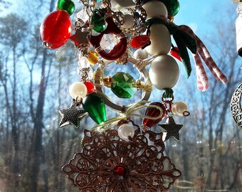 Repurposed Christmas Holiday-Themed Snowman + Gingerbread Man + Metal Filigree Snowflake Charm Glass Beaded Suncatcher Window Trinket