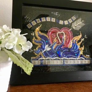 Hearts Live By Being Wounded Beaded Mosaic Art Shadowbox Free standing Art image 1