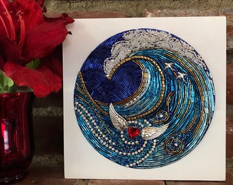 HeartSwept - Beaded Mosaic Art on Wood - Ocean Heart Original Art