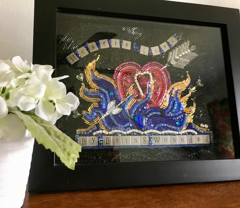 Hearts Live By Being Wounded Beaded Mosaic Art Shadowbox Free standing Art image 1