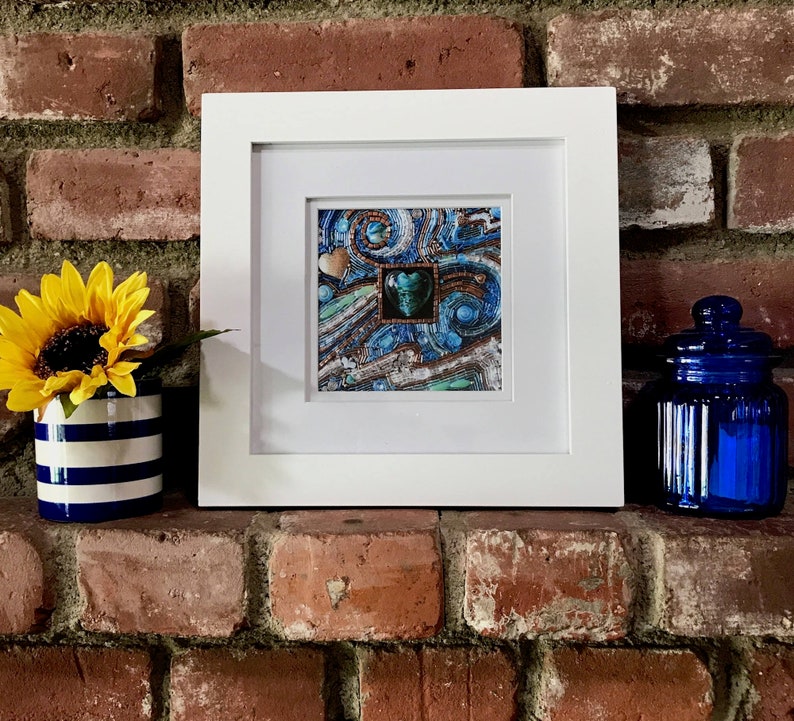 Ocean Heart Fine Art Print Framed 5x5 inch beaded mosaic art, wall art, framed prints, Diana Maus original art image 1