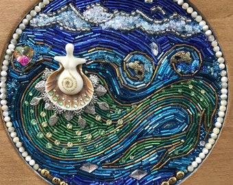 I Must Be a Mermaid -Beaded Mosaic Art on Wood - Circular Wall Hanging