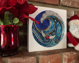 LoveSwept Beaded Mosaic Art on Wood Ocean Heart Original Art