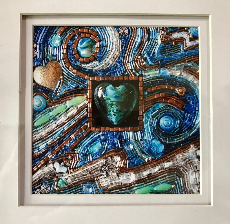 Ocean Heart Fine Art Print Framed 5x5 inch beaded mosaic art, wall art, framed prints, Diana Maus original art image 2