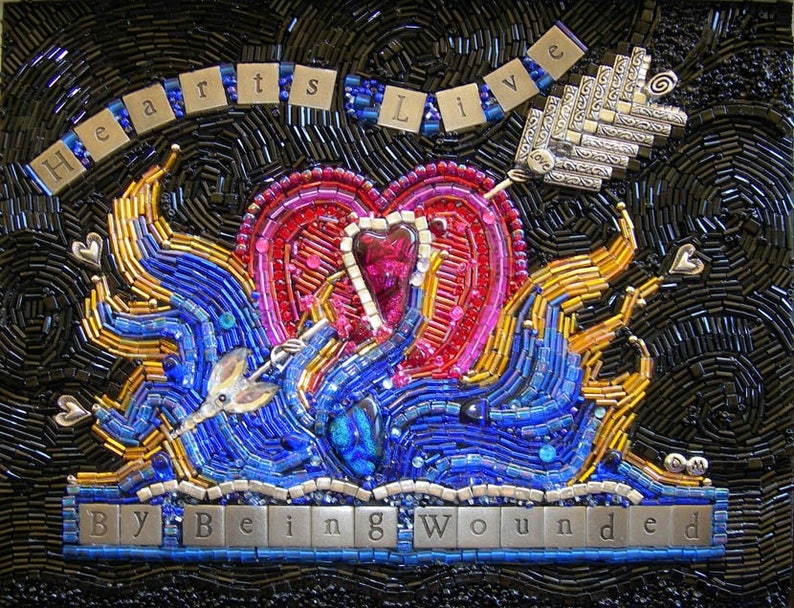 Hearts Live By Being Wounded Beaded Mosaic Art Shadowbox Free standing Art image 2