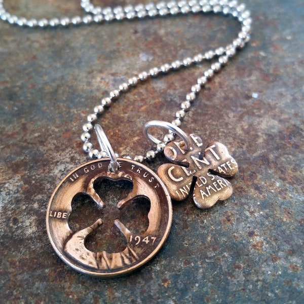 77th Birthday 1947 Lucky Penny Four Leaf Clover Necklace 77th Birthday Gift St Patricks Day Irish Gift Coin Jewelry made from a 1947 Penny