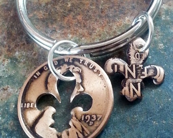 87th Birthday 1937 Penny Fleur de lis Key Chain 87th Birthday Gift Mardi Gras Gift Coin Jewelry made from a 1937 Penny