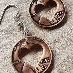 1953 72nd Birthday Lucky Penny Heart Earrings 72nd Anniversary 72nd Birthday Gift for Her Coin Jewelry made from 1953 Pennies