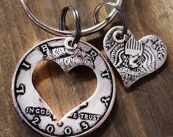 2005 21st Birthday Heart Key Chain 21st Anniversary 21st Birthday Gift Coin Jewelry made from a 2005 Half Dollar +