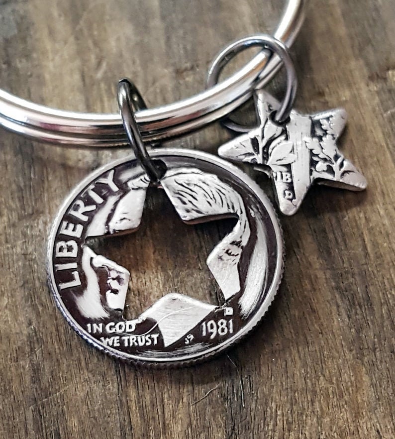 1981 40th Birthday Dime Star Key Chain 40th Anniversary 40th Birthday Gift Coin Jewelry made from a 1981 Dime