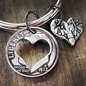 1972 53rd Birthday Dime Heart Keychain 53rd Anniversary 53rd Birthday Gift Coin Jewelry made from a 1972 Dime