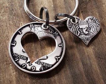 Personalized Mother's Day Gift Heart Shaped Key Chain made from a U.S. Half Dollar Customizable Year Mother's Day Gift for Mom