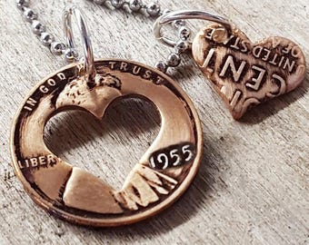 70th Birthday 1955 Penny Heart Necklace 70th Birthday Gift 70th Anniversary Coin Jewelry made from a 1955 Penny Gift for Him or Her