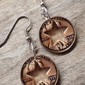 72nd-1953 Birthday Gift Penny Star Earrings 72nd Anniversary 72nd Birthday Coin Jewelry made from a 1953 Penny Gift for Her