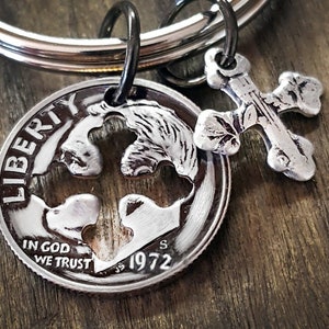 1972 53rd Birthday Dime Cross Keychain 53rd Anniversary 53rd Birthday Gift Coin Jewelry made from a 1972 Dime