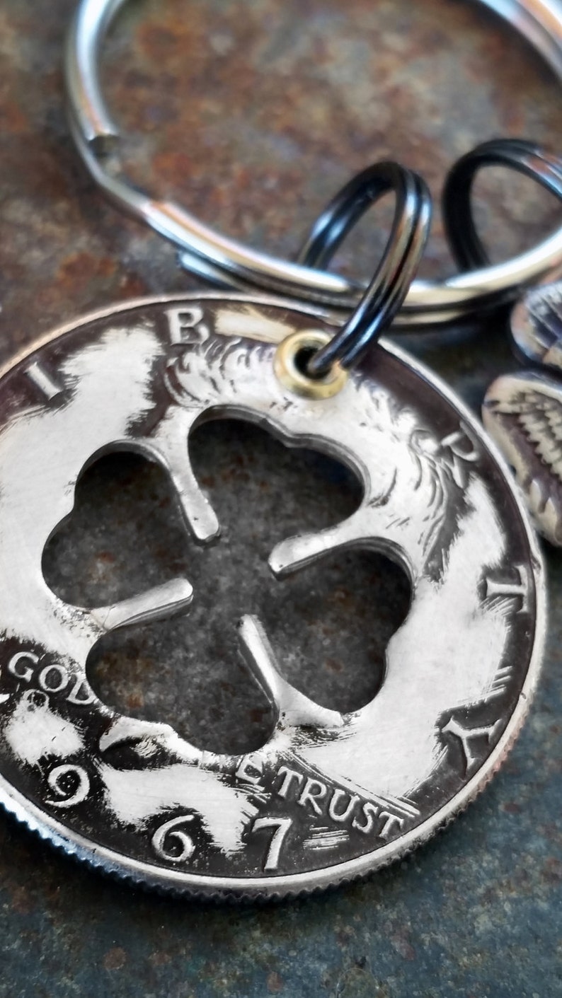 54th Birthday 1967 Silver Four Leaf Clover Keychain 54th Anniversary St Patrick/'s Day Gift Coin Jewelry made from a 1967 Kennedy Half Dollar
